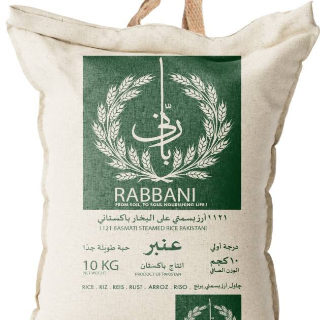 "1121 Pakistani Steam Basmati Rice by Rabbani Foods - Premium quality long-grain basmati rice in packaging."