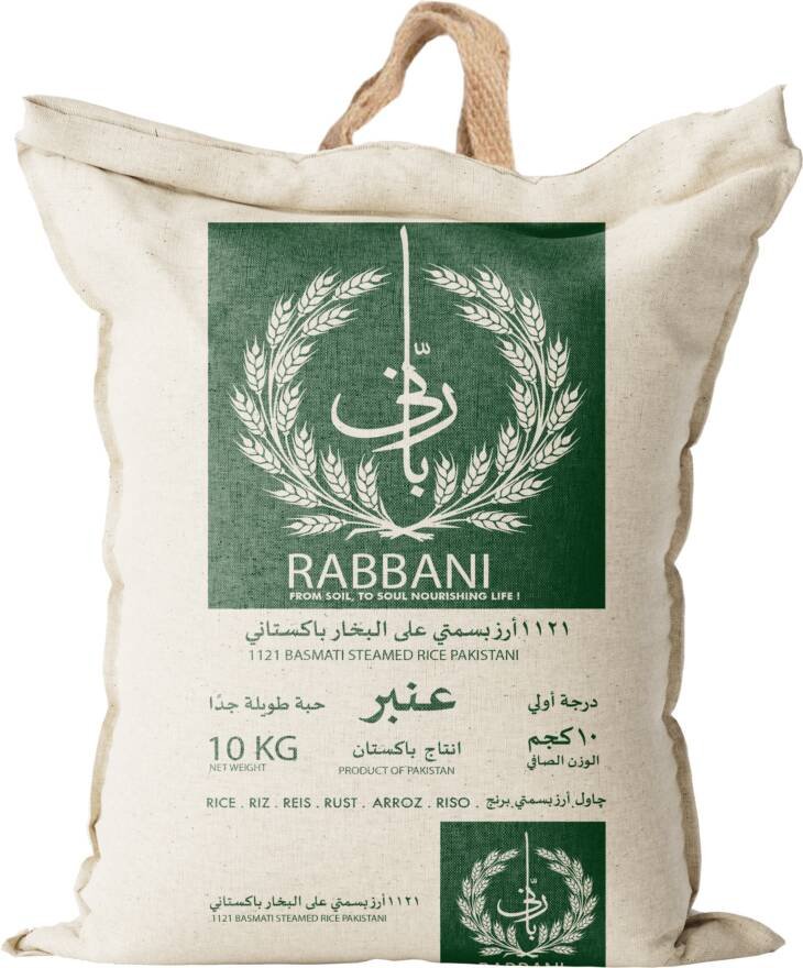 "1121 Pakistani Steam Basmati Rice by Rabbani Foods - Premium quality long-grain basmati rice in packaging."